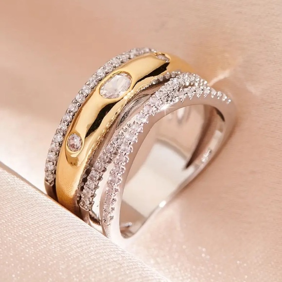 Mixed Metal Gold Silver & Diamond Stacked Ring - Picture 2 of 8